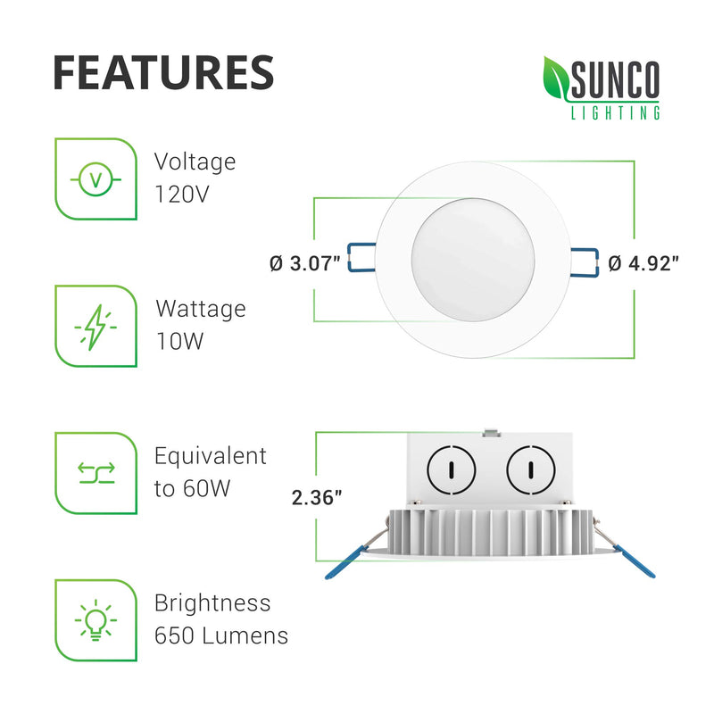 Sunco Lighting 4 Inch Slim LED Downlight, Integrated Junction Box,10W=60W, 650 LM, Dimmable, 5000K Daylight, Recessed Jbox Fixture, IC Rated, Simple Retrofit Installation - ETL & Energy Star