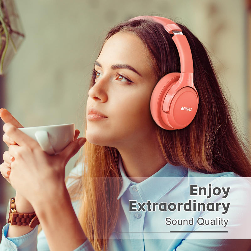 Bluetooth Headphones Over Ear,BERIBES 65H Playtime and 6 EQ Music Modes Wireless Headphones with Microphone,HiFi Stereo Foldable Lightweight Headset, Deep Bass for Home Office Outdoors Etc(Orange Red) Orange Red