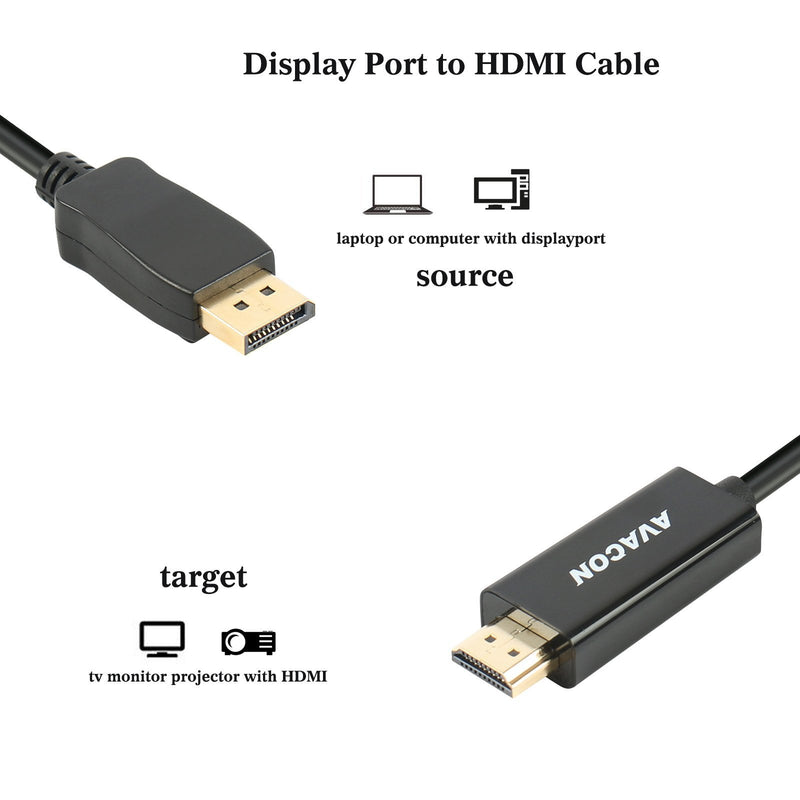 DisplayPort to HDMI 6 Feet Gold-Plated Cable, Avacon Display Port to HDMI Adapter Male to Male Black 1 PACK