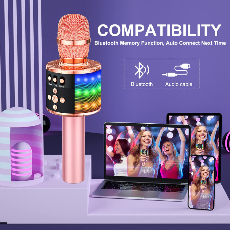 BONAOK Wireless Bluetooth Karaoke Microphone with Controllable LED Lights, 4-in-1 Portable Handheld Mic Speaker for All Smartphones, Birthday for Kids Adults All Age Q78 (Rose Gold) Rose Gold