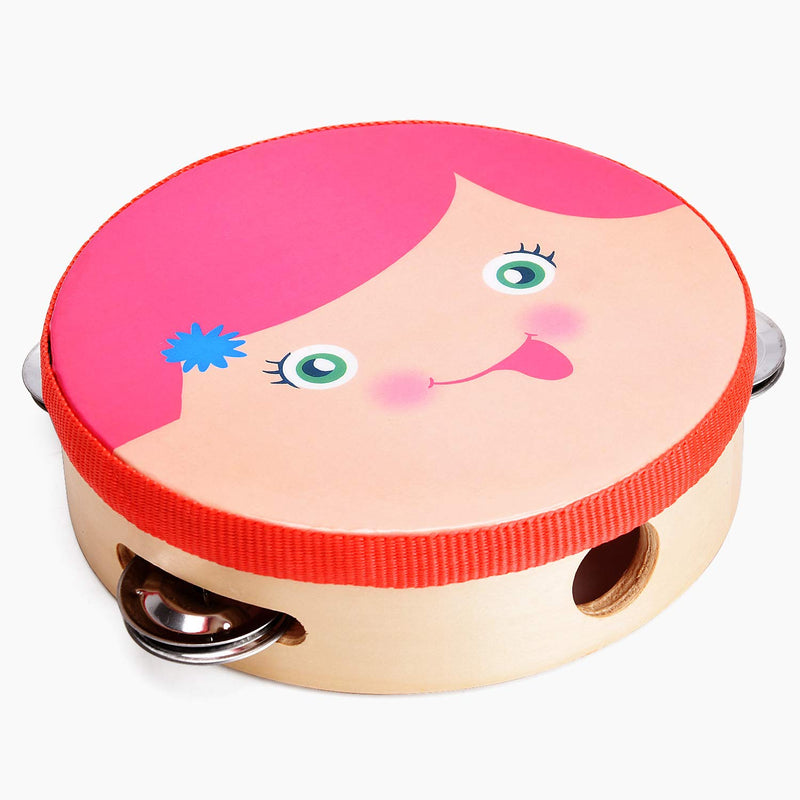 2 Pieces 6" Wood Handheld Tambourine Drum, Kids Adults Educational Musical Percussion Toy, Tambourine with Smiley Pattern for Party Dancing Games Gift