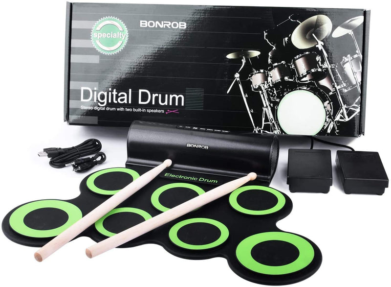 BONROB Electronic Drum Set for Kids, Foldable and Roll Up 7 Drum Pad Compatible with Roland Software, Built in Speaker with Drum Sticks, Great Holiday Birthday Gift for Kids Drum Set (Green) BM001