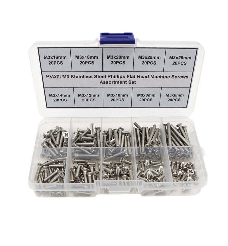 HVAZI M3 Stainless Steel Phillips Flat Head Machine Screws Assortment Kit