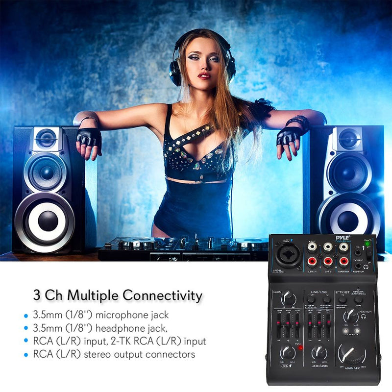 3 Channel Bluetooth Audio Mixer - DJ Sound Controller Interface with USB Soundcard for PC Recording, XLR, 3.5mm Microphone Jack, 18V Power, RCA Input/Output for Professional and Beginners - PAD30MXUBT 3 Channel Bluetooth