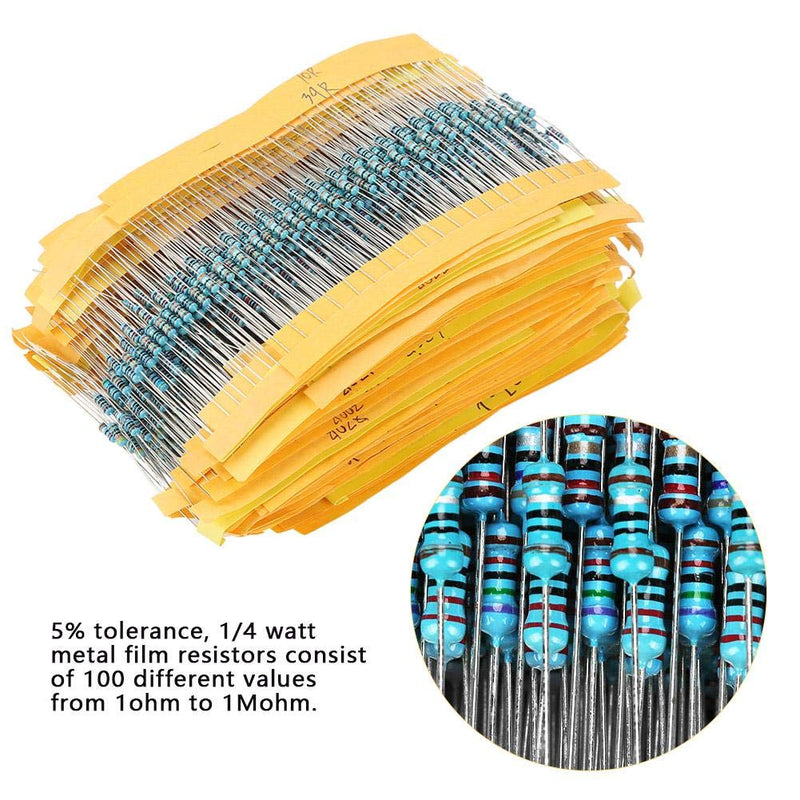 YWBL-WH Resistance,2000PCS 1/4W Resistors,100 Values 1ohm~1M Metal Film Resistors Assortment Components Kit Set