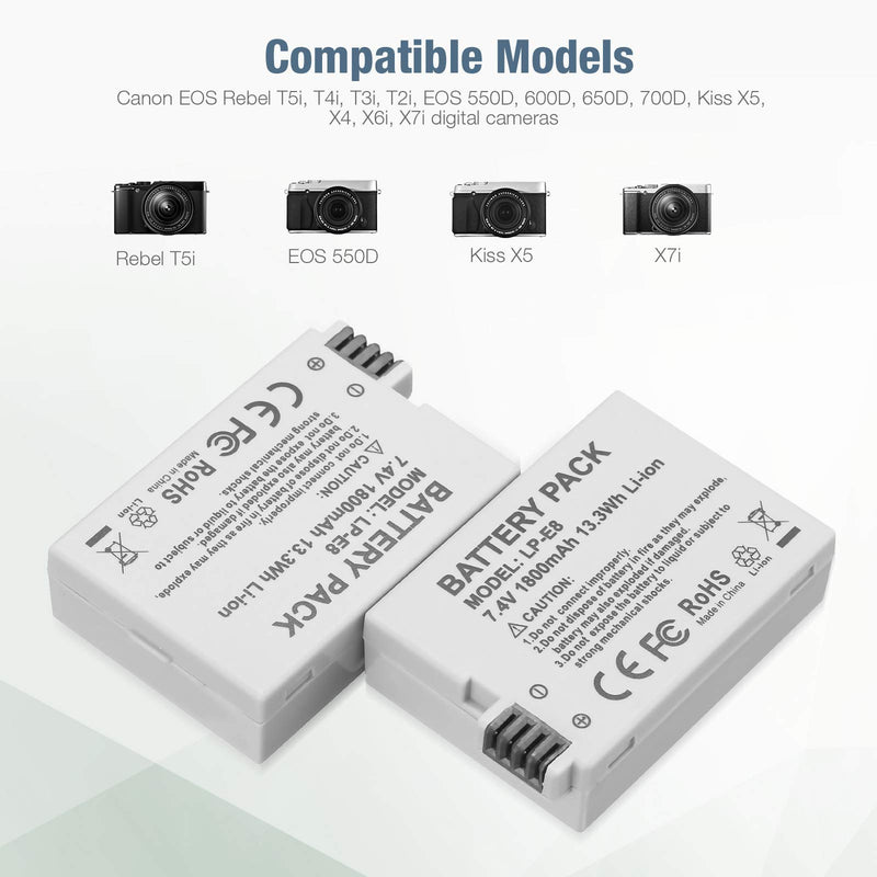 LP-E8 Battery 1800mAh Li-ion Replacement Batteries 2 Packs and Dual Rapid Charger for Canon Rebel T3i, T2i, T4i, T5i, EOS 600D, 550D, 650D, 700D, Kiss X5, X4, Kiss X6 Digital Camera