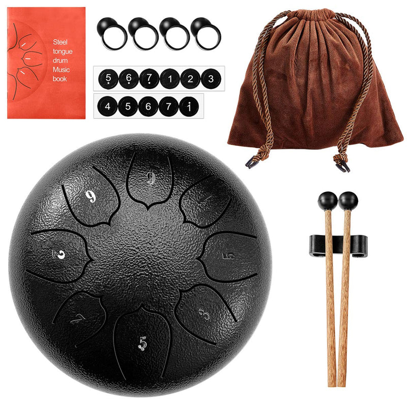 Steel Tongue Drum, Beidi 8 Notes 6 Inches Chakra Tank Drum Steel Percussion Padded with Travel Bag, Music Book, Mallets, Finger Picks (Black) Black