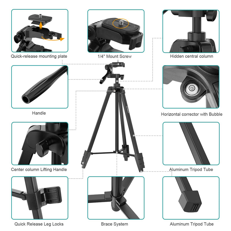 XUNHON Phone Tripod 55"+5.2"(IPAD+Phone Holder), Lightweight Camera/ipad/Laser Level/Travel Tripod with Wireless Remote, Bag, and 2-in-1 Stand, 1/4" Mount Screw Compatible with All Phones/Cameras