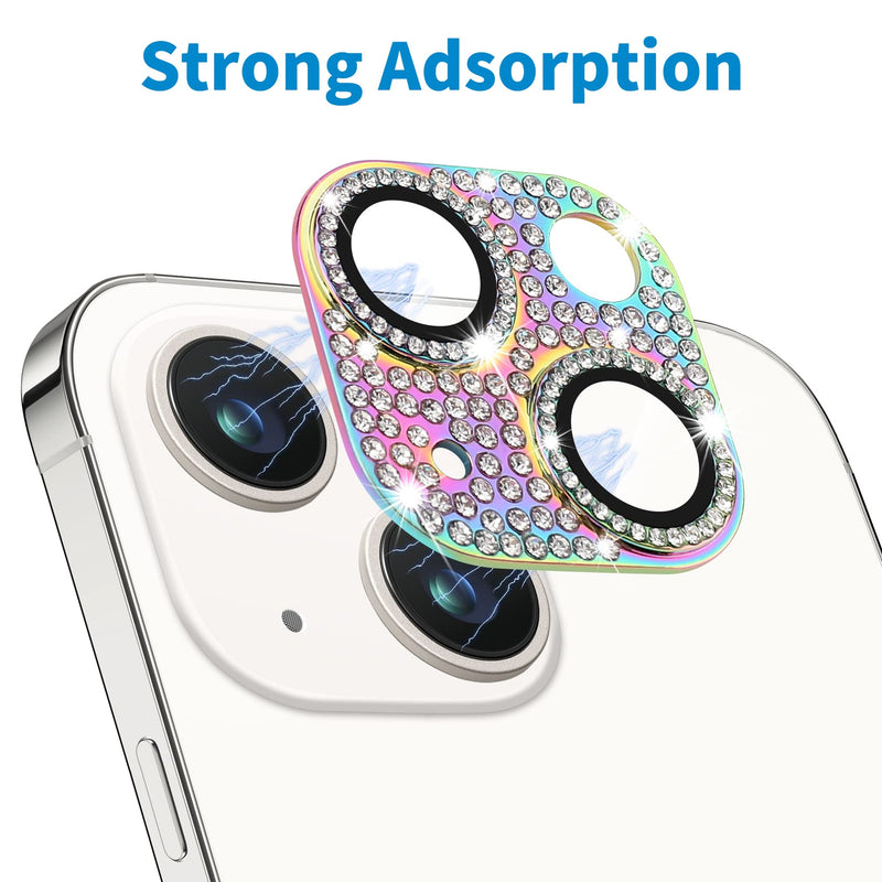 Hsefo for iPhone 14 and iPhone 14 Plus Camera Lens Protector, Bling 3D Rhinestone Sparkle Diamond 9H Tempered Glass Camera Cover Anti Scratch Shockproof Metal Lens Screen Full Protective Cover, Colorful Multi-Coloured
