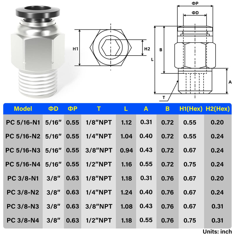 TAILONZ PNEUMATIC Male Straight 5/16 Inch Tube OD x 1/8 Inch NPT Thread Push to Connect Fittings PC-5/16-N1 (Pack of 20) 5/16"OD x 1/8"NPT
