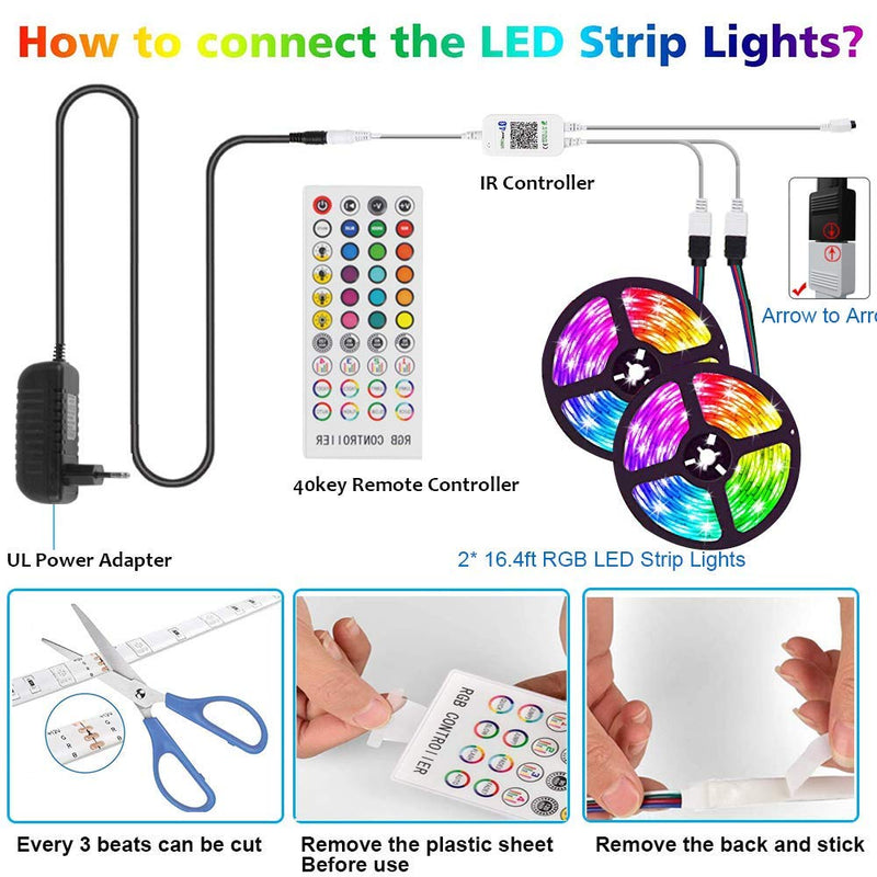 [AUSTRALIA] - LED Strip Lights, 16.4ft RGB Tape Lights Strip, Bluetooth Control, 40Key Remote, Music Sync, Waterproof 300 LEDs SMD5050 Color Changing Rope Strip Lights for Bedroom, Party Decorations 