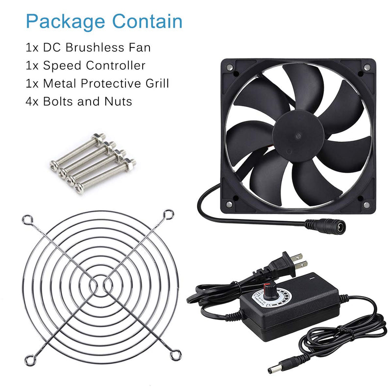 GDSTIME 120mm AC 110V 220V DC 12V Powered Fan with Speed Control, for Receiver Amplifier DVR Playstation Xbox Component Cooling 1225 w/ Speed Controller