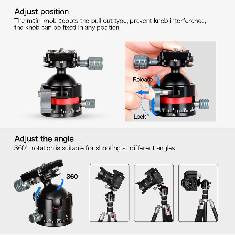 koolehaoda Low-Profile Ballhead with 1/4" Screw Arca-Type QR Plate and Φ45mm Metal Ball Joint Tripod Head 360° Panoramic for DSLR,Tripod. Maximum Load: 15KG/ 33Ibs -(E3)
