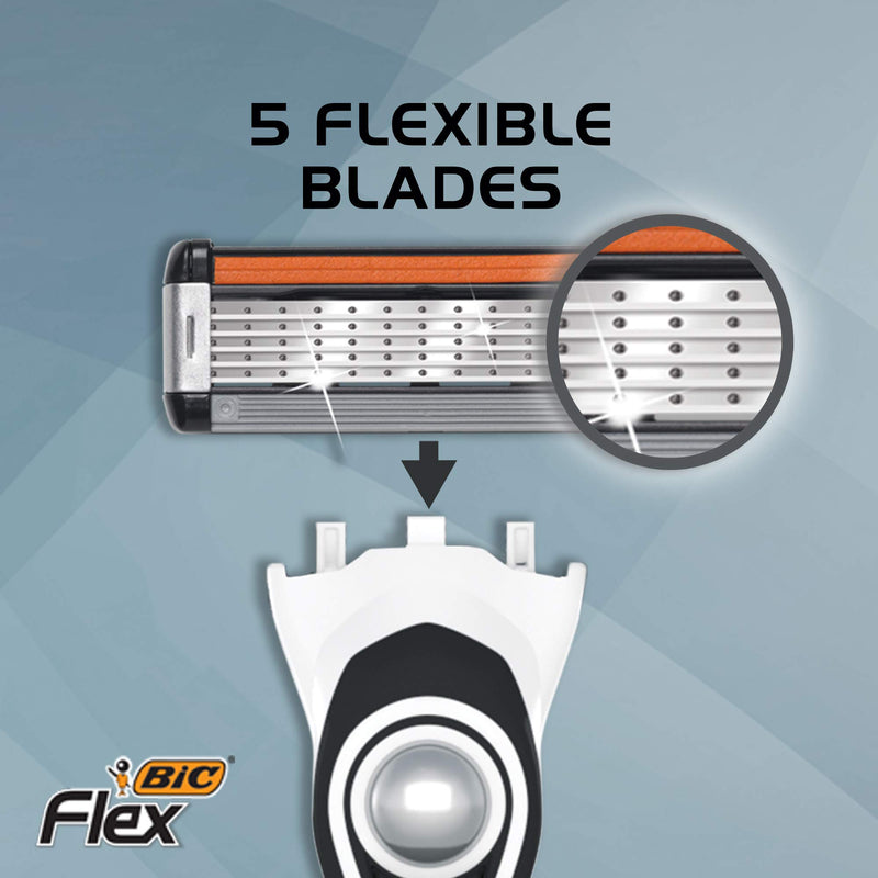 BIC Flex 5 Hybrid Men's Disposable Razor, Five Blade, 8 Refill Blade Cartridges, Sensitive Skin Razor For a Smooth and Close Shave, 4 Count - Pack of 2 8 Cartridges