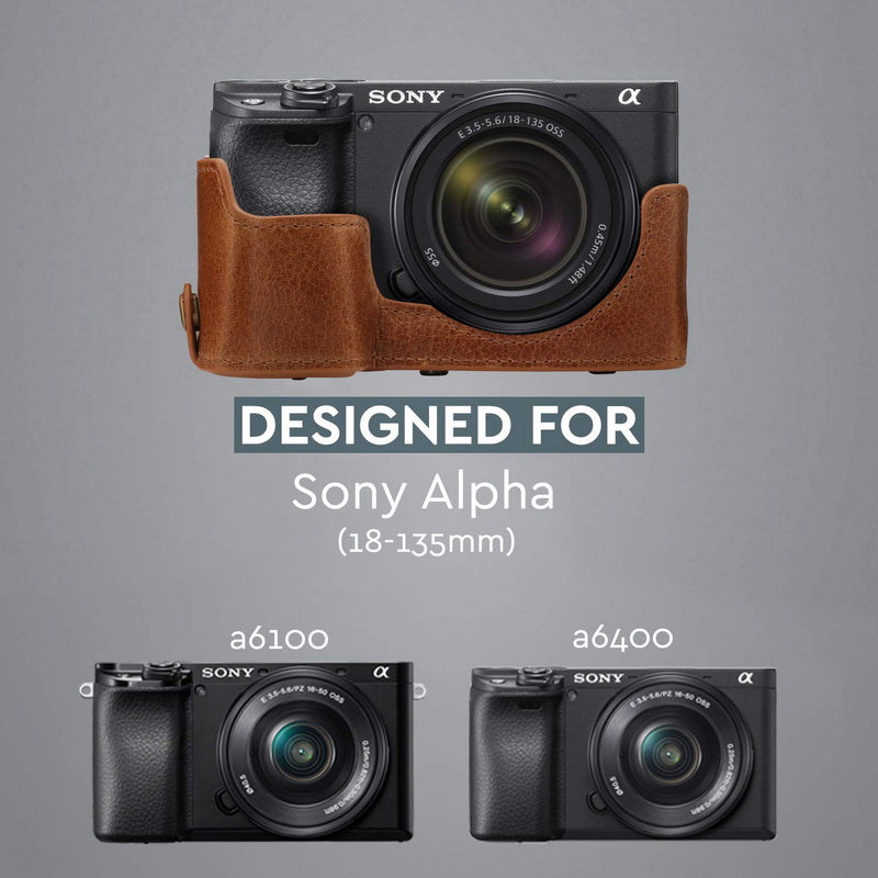 [AUSTRALIA] - MegaGear Ever Ready Genuine Leather Camera Case Compatible with Sony Alpha A6100, A6400 (18-135mm) Brown 