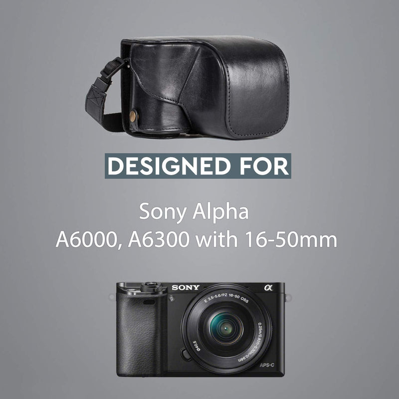 MegaGear Ever Ready Genuine Leather Camera Case and Bag for Sony Alpha A6300, A6000 (16-50 mm) (Black) Black