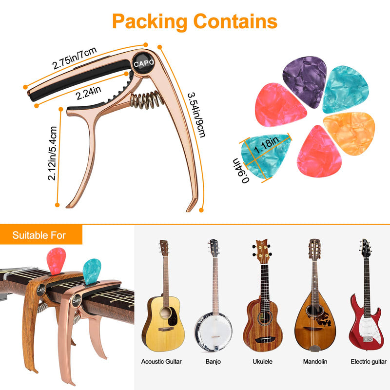 SUNJOYCO 3 in 1 Zinc Metal Guitar Capo and Rosewood Color Capo(with Pick Holder and 6 Picks) for Acoustic Guitar, Electric Guitar, Ukulele, Bass, Banjo, Mandolin