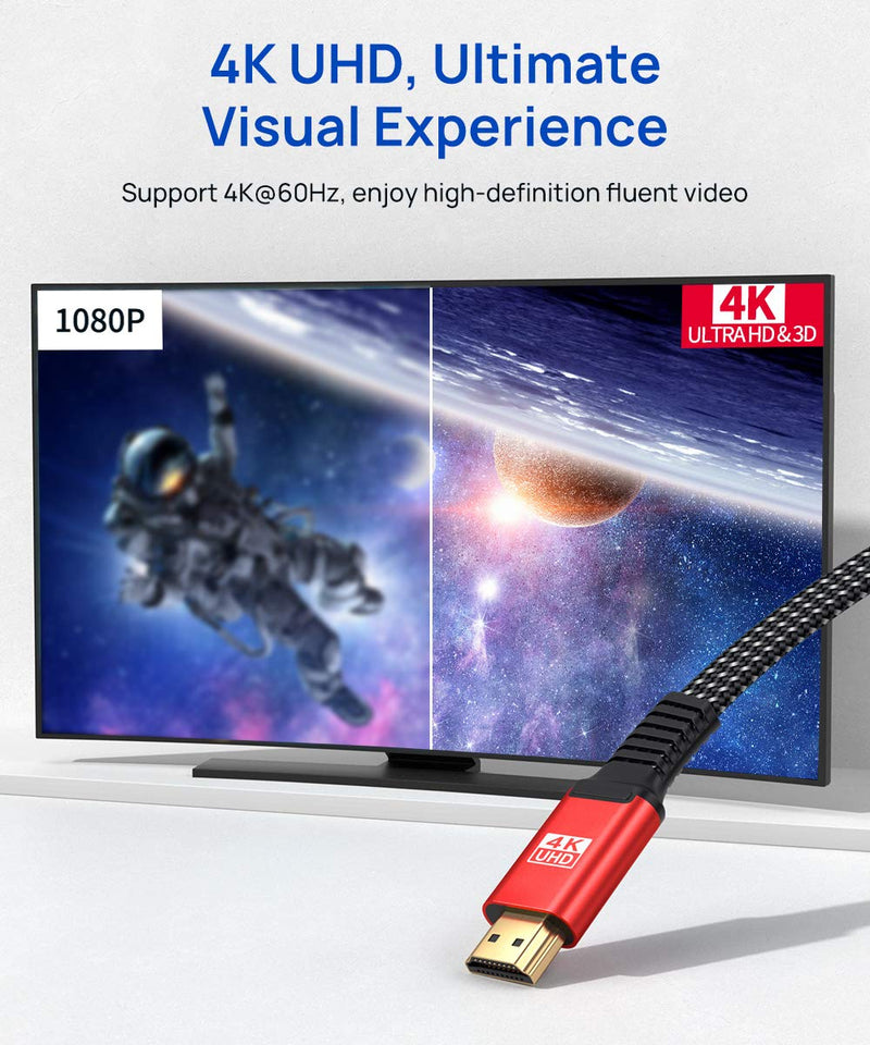 HDMI Cable 10ft[4K@60Hz,HDMI 2.0,18Gbps]JSAUX 4K Flat HDMI 2.0 Cable Ultra High Speed 18Gbps HDMI to HDMI Cord Support 4K,3D,HDR,2160P,HD 1080P Video,ARC,Ethernet Compatible with Fire TV PS3/4 PC- Red