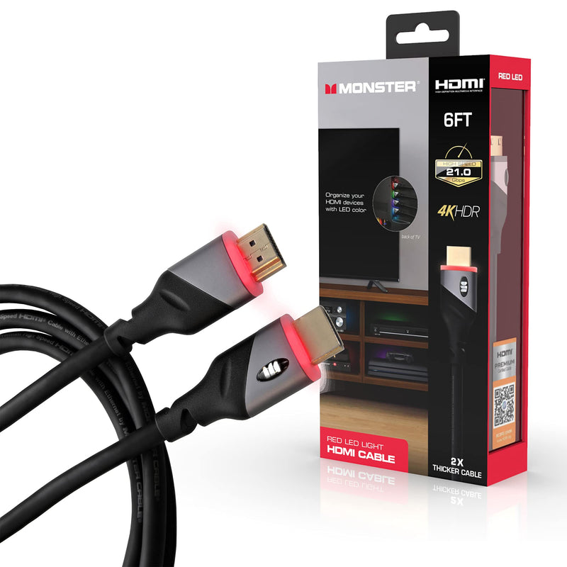 [AUSTRALIA] - Monster 6ft High Speed 4K HDR Hdmi Cables with Built-in Led Light, Gaming, Video, and Computer, 4 Pack 4 -Pack 