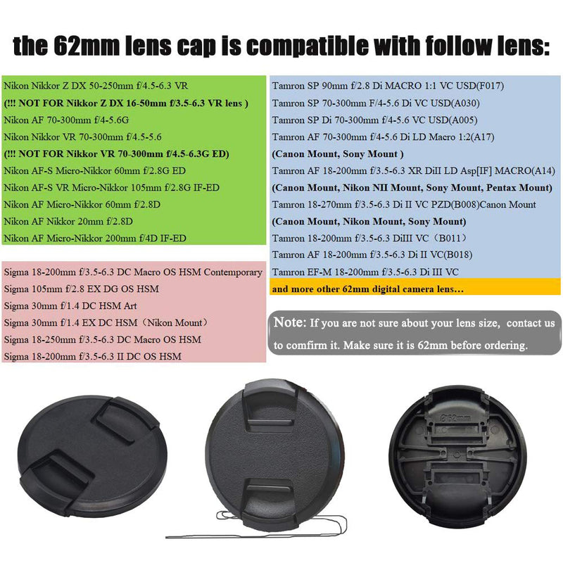 Center Pinched Lens Cap for Nikkor Z 50-250mm Lens for Nikon Z50, for Sony RX10 CX900E AX100E E18-200LE II E10-8 Lens, Fire Rock Second Generation Snap-On 62mm Lens Cap-2Packs