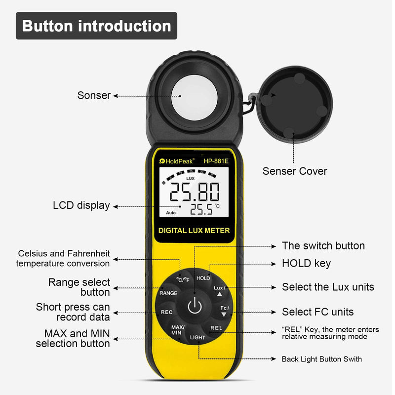 [AUSTRALIA] - Light Meter-HOLDPEAK 881E Digital Illuminanc/Light Meter with 0.01~300,000 Lux (0.01~30,000 FC) Measuring Ranges and 270° Rotatable Detector for LED Lights and Plants Lumen Meter HP-881E(0.1 - 200,000Lux / 1 - 20,000FC) 