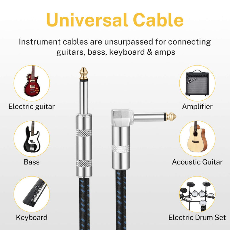 Donner Guitar Cable 10 ft, Premium Electric Instrument Bass Cable AMP Cord 1/4 Right Angle to Straight Black Blue 10 Feet