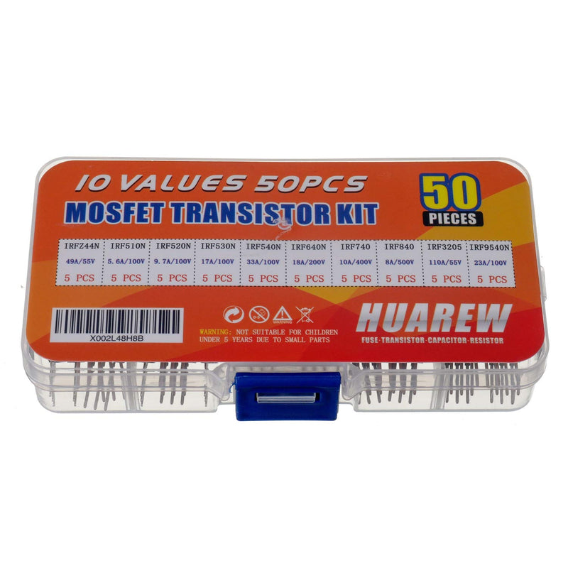 HUAREW 10 Values 50 Pcs MOSFET Transistors IRF510N IRF520N IRF530N IRF540N IRF640N IRFZ44N IRF740 IRF840 IRF3205 IRF9540 MOSFET Assortment Kit