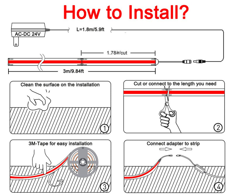 [AUSTRALIA] - LED Strip Lights, COB Led Light Strip kit UL-Listed, 9.84ft/3m, 528 LEDs/M, Red Colored COB LED Tape Light with DC24V Adapter, Flexible LED Rope Lights for DIY Bedroom,Home Under Cabinet,Kitchen 