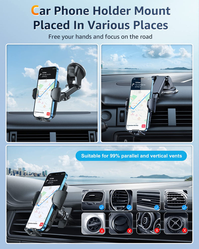 [AUSTRALIA] - Humixx Car Phone Holder Mount [Military-Grade Super Suction & Stable] Universal Hands-Free Cell Phone Holder for Car Dashboard Windshield Air Vent Car Mount for iPhone Samsung All Smartphones & Cars Black 