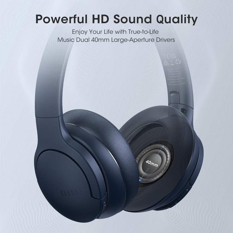 DOQAUS 𝐔𝐩𝐠𝐫𝐚𝐝𝐞𝐝 Bluetooth Headphones Over Ear, 90 Hours Playtime Wireless Headphones with 3 EQ Modes, HiFi Stereo Headphones with Microphone, Soft Protein Earpads for Cellphone/PC (Navy Blue) Navy Blue