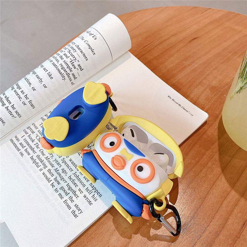 TOUBN Wireless Charging Earphone Case, 3D Cute Cartoon Glasses Penguin Airpods Skin, Soft Silicone Shockproof Waterproof Cover Compatible with Airpods 1/2, Creative Airpods Protector With Keychain Airpods 1, 2 Yellow Glasses Peiguin