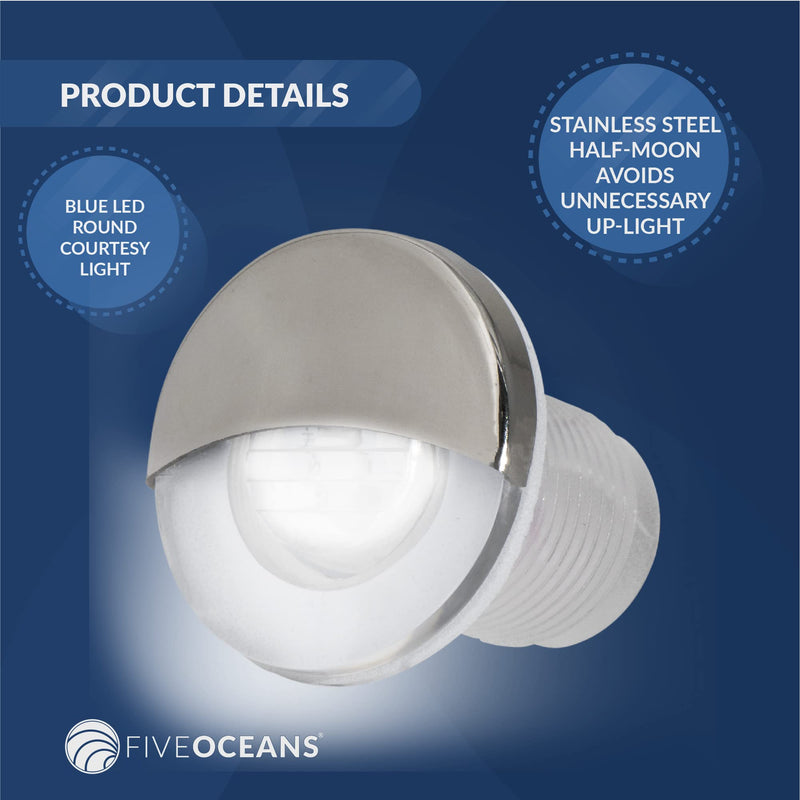 Five Oceans FO4598-M4 Interior LED White Round Courtesy Light, ABS Plastic, AISI316 Stainless Steel Half-Moon Cover, Waterproof IP68, 12 Volts DC, 2 LED Pieces, 4-Pack White - 4-Pack