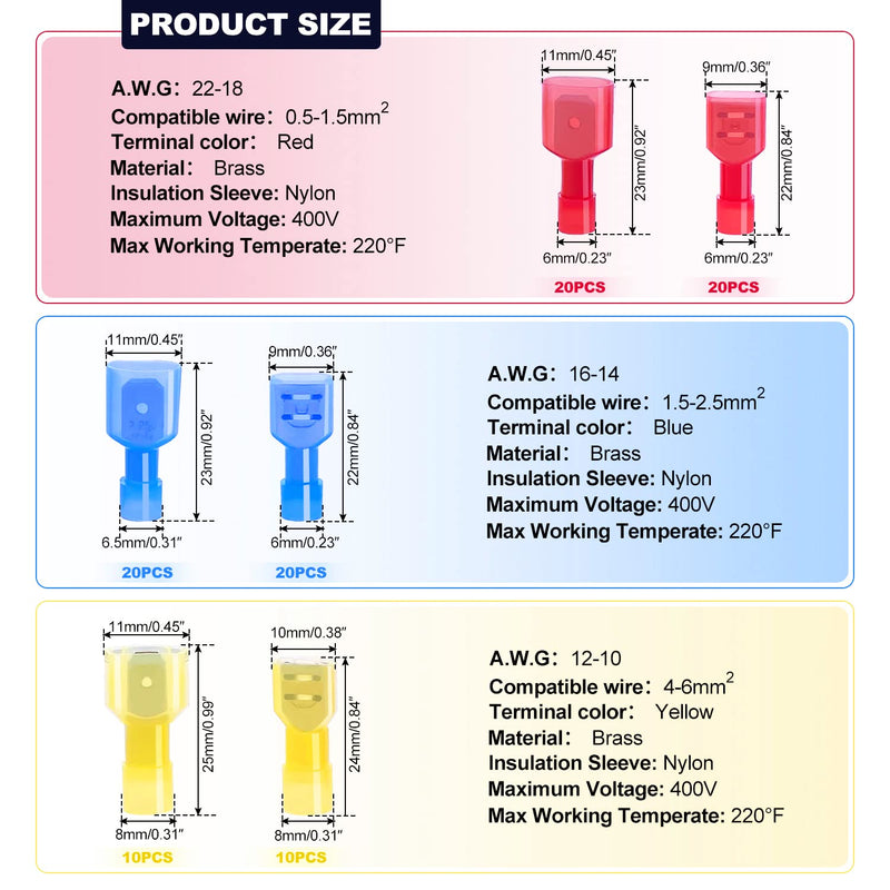Twidec/100PCS Nylon Spade Connectors Kit 22-10 Gauge Quick Disconnect Fully Insulated Male and Female Wire Spade Terminal Assortment Kit N-004 2-Nylon Spade Connector