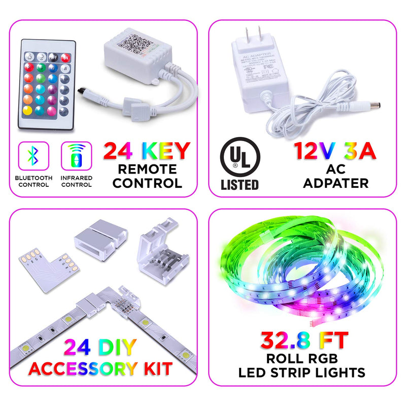 [AUSTRALIA] - Kirameki Bluetooth LED Strip Lights 32.8ft 10m with 24 Keys IR Remote and 12V Power Supply Flexible Color Changing 5050 RGB 300 LEDs Light Strips with DIY Kit for Home, Bedroom, and Kitchen Decoration 