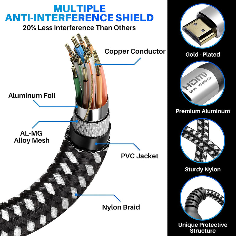 8K HDMI 2.1 Cable (Certified) 16.5 feet,Adoreen 48Gbps Braided HDMI Cord(1.5ft to 16.5ft) for 8K@60Hz 4K@120Hz 2K 1080P, Dynamic HDR, eARC HDCP2.2 Compatible PS5,PS4,Xbox,HD TV with 5 Cable Ties(5m) 16.5ft-1PK