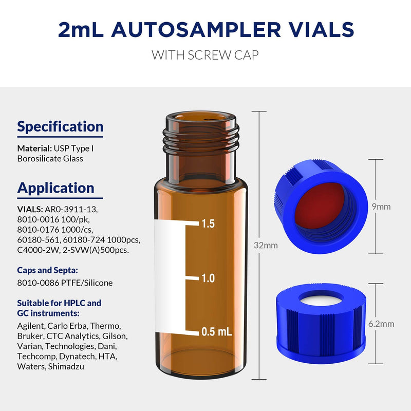 2mL Autosampler Vials with Writing Area and Graduations, 9-425 HPLC, Screw Cap, Red PTFE & White Silicone Septa, 100 Pcs Amber Red White Septa