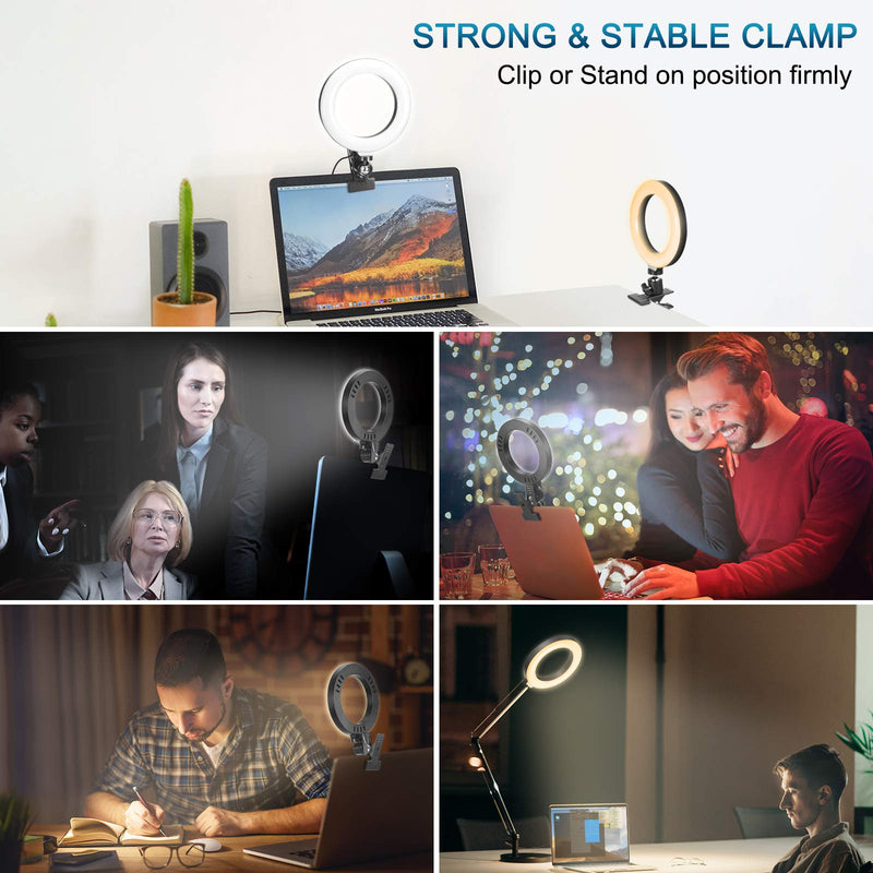 Video Conference Lighting Ring Light for Laptop Computer Monitor Clip On, with Clamp Mount for Zoom Call/Zoom Lighting/Remote Working/Live Streaming/Self Broadcasting, 6” Selfie Ring Light