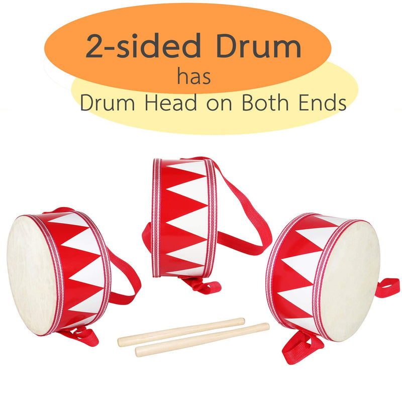 8-inch Kids Drum - Adjustable Strap - Wooden Drumsticks 8 in Red/White