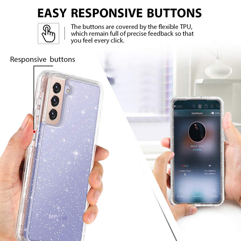 Lamcase for Galaxy S21 Plus Case Crystal Clear Glitter Sparkly Bling Heavy Duty Shockproof Hybrid Three Layer Protective Cover Case for Samsung Galaxy S21 Plus 5G 6.7 inch (2021), Clear/Silver Glitter