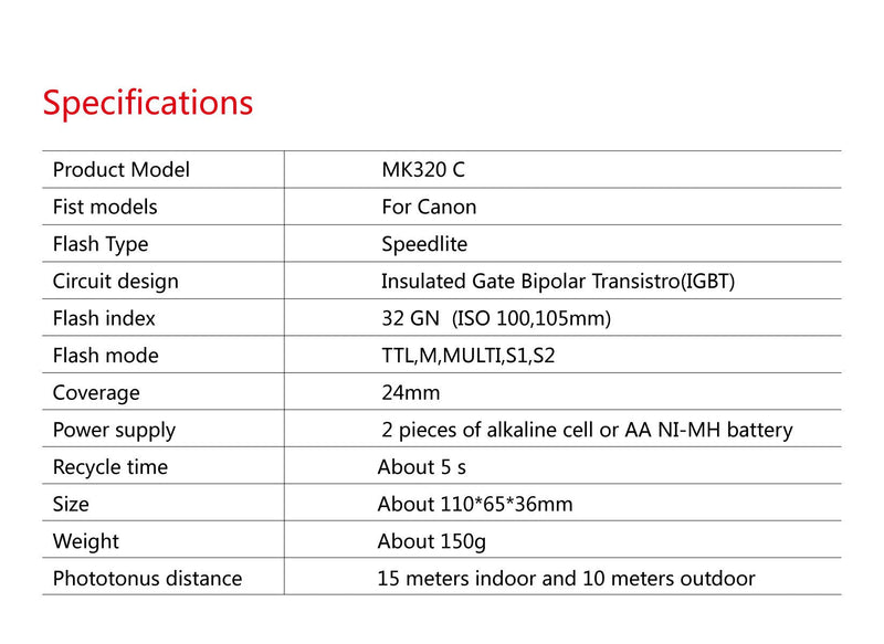 [AUSTRALIA] - MEIKE MK-320C Speedlite Flash TTL Fit Canon Mirrorless DSLR Hot Shoe Camera 1D Mark Series 1DS Series 5D Mark II 5D Mark III 5D 6D 7D 7D Mark II 50D 60D 70D 100D 550D 600D 700D 1000D 1100D etc 