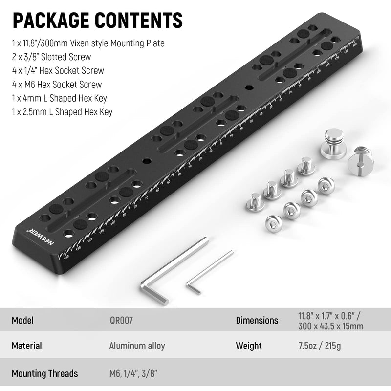 NEEWER 11.8"/300mm Rail Bar Vixen Style Dovetail Plate, Metal Mounting Plate Saddle with M6 1/4" 3/8" Camera Screw for Telescope Mount Adapter OTA Equatorial Tripod Sky Astrophotography, QR007