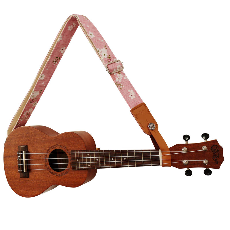 [AUSTRALIA] - MUSIC FIRST Original Design Vintage “Pink Sakura” Soft Cotton & Genuine Leather Ukulele Strap Ukulele Shoulder Strap With a MUSIC FIRST Genuine Leather Strap Locker 