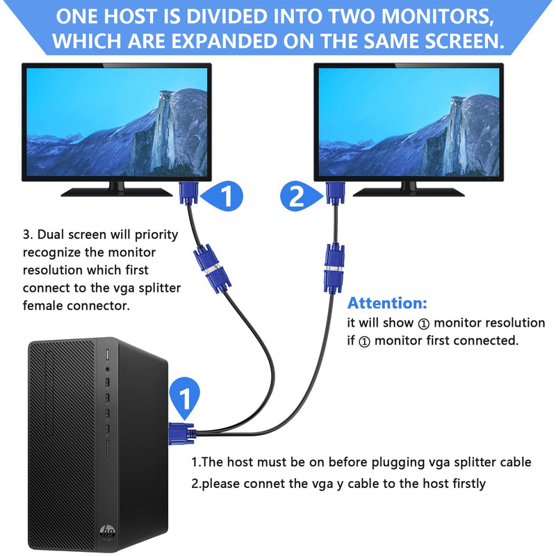 PASOW VGA Splitter Cable Dual VGA Monitor Y Cable 1 Male to 2 Female Adapter Converter Video Cable for Screen Duplication - 1 Feet (No Screen Extension) Male to Female