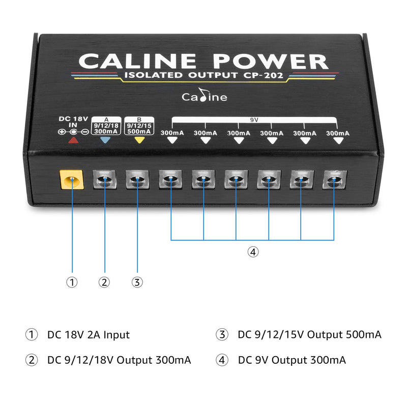 Guitar Pedal Power Supply High Current 8 Isolated DC Output for 300mA 500mA 9V/12V/15V/18V Effect Pedal with Adjustable Output Voltage, Short Circuit and Over Current Protection CP-202
