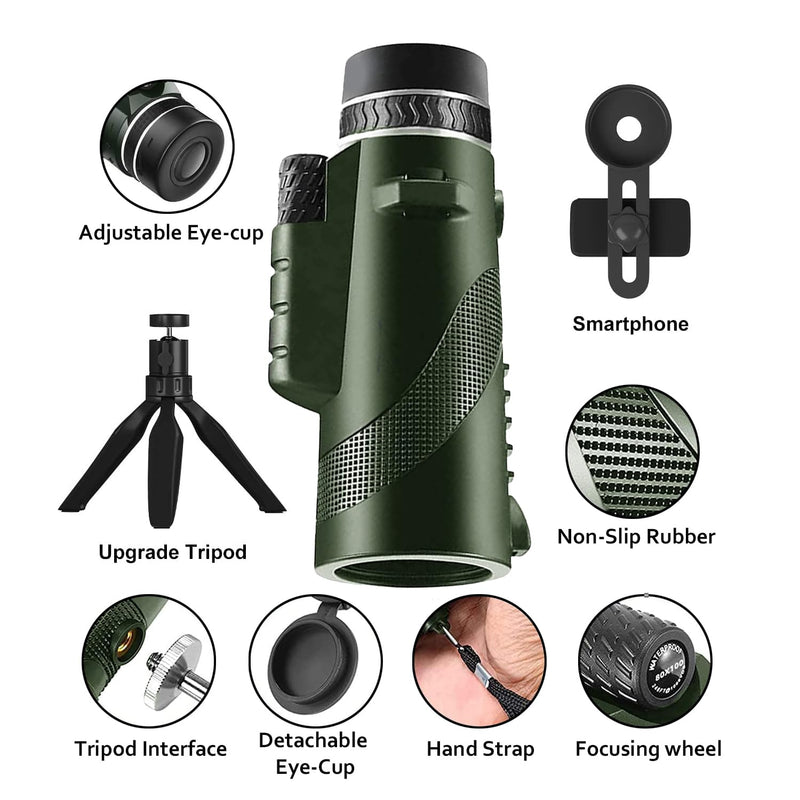80x100 Monocular Telescope High Powered Monoculars for Adults Compact Monocular for Smartphone Adapter, Handheld Telescope with Tripod for Bird Watching Hunting Camping Travel Green-mm