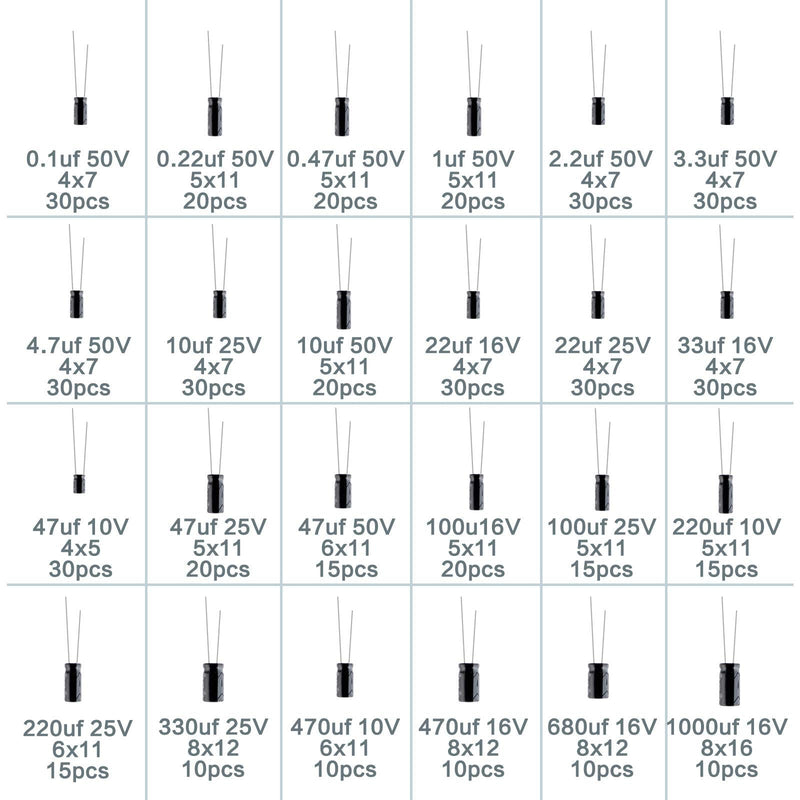 Yetaida 500 Pcs Electrolytic Capacitor Assortment Kit Box, 24 Kinds Different Range 0.1uF - 1000uF 10V/16V/25V/50V Aluminum Radial Electrolytic Capacitors for Audio-Video Project Electronic Repair