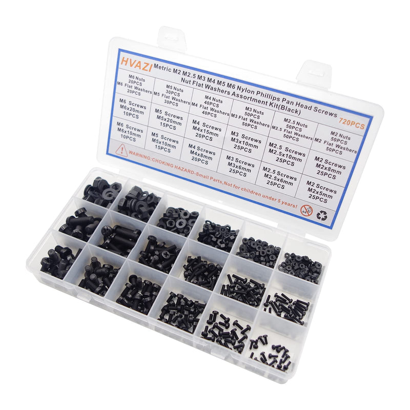 HVAZI Metric M2 M2.5 M3 M4 M5 M6 Nylon Phillips Pan Head Screws Nut Flat Washers Assortment Kit Black-M2M2.5M3M4M5M6