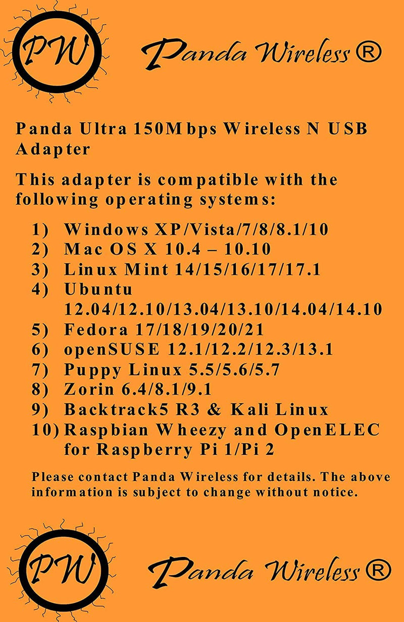 Panda Ultra WiFi (b/g/n) 150Mbps Wireless-N 2.4GHz USB Adapter - Windows XP/Vista/7, Mac OS X, Ubuntu 12.04 TLS, Fedora 17 and Puppy 5.3.3 Compatible