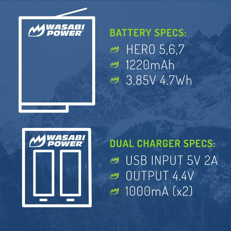 Wasabi Power Battery (2-Pack) & Dual Charger for GoPro HERO7 Black, HERO6 Black, HERO5 Black, Hero (2018 Model)