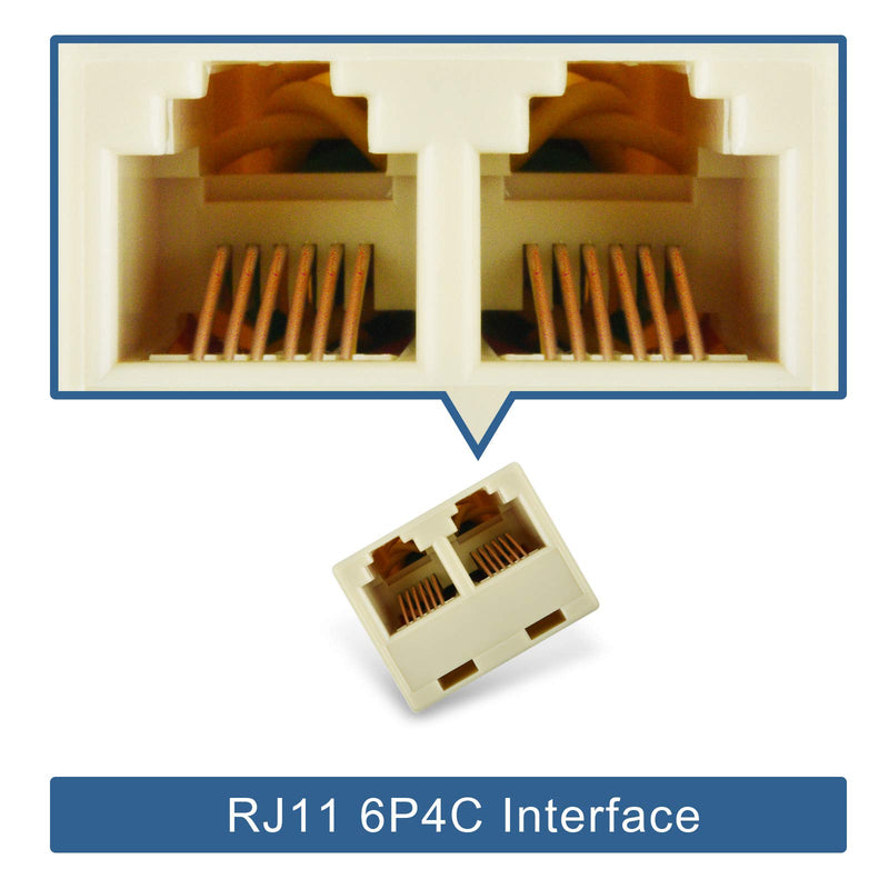 Phone Jack Splitter, RJ12 6P6C 1 Female to 2 Female Phone Line Splitter, Cream Telephone Splitter for Landline Fax Machine (2 Pcs)